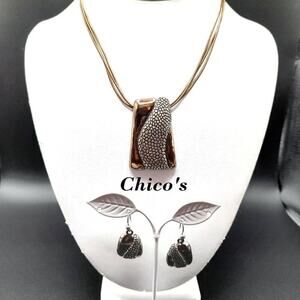 Chico's Bronze Silver Snake Pattern Necklace Earrings Set Statement Jewelry
